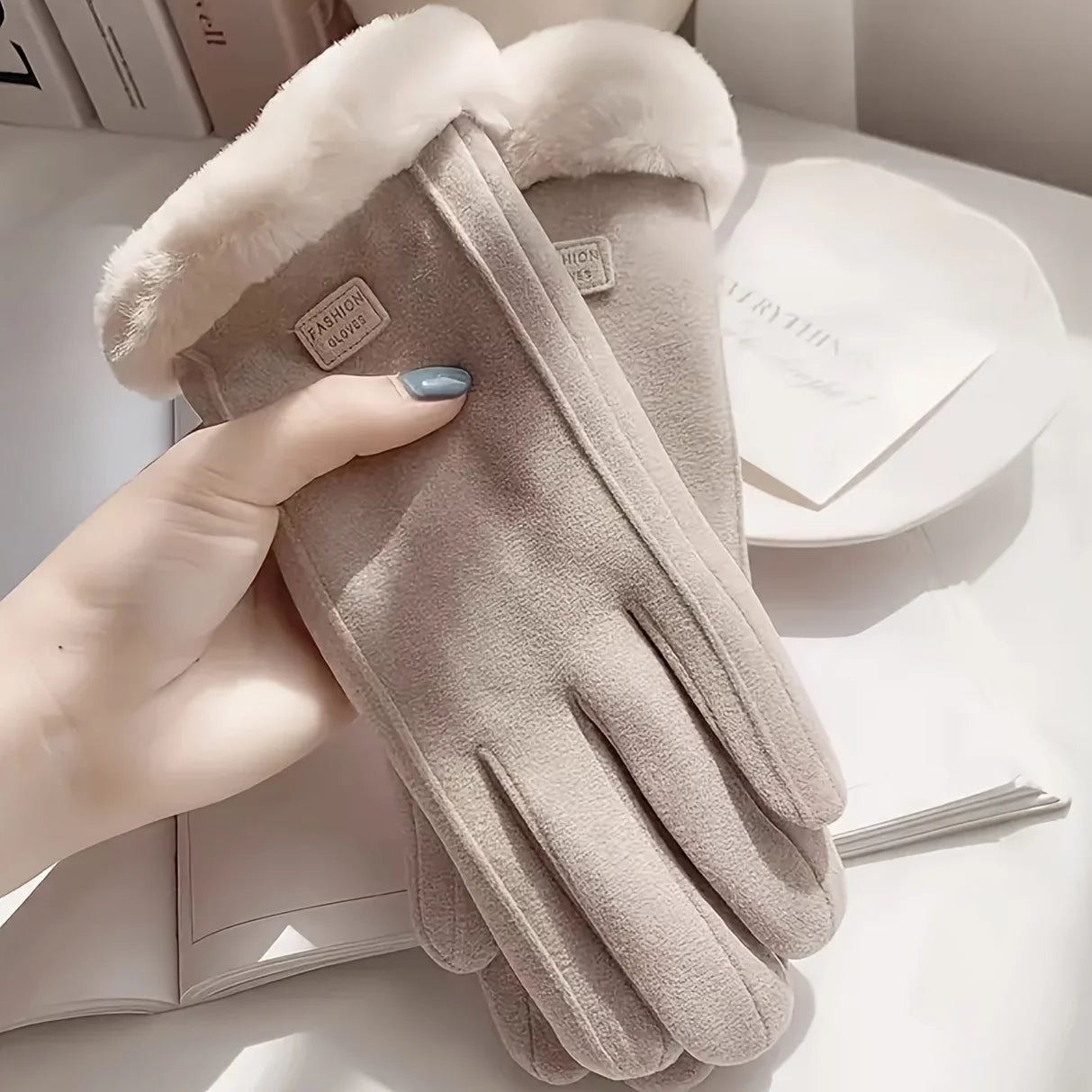 Beige Full Finger Gloves with Textured Outer Panels