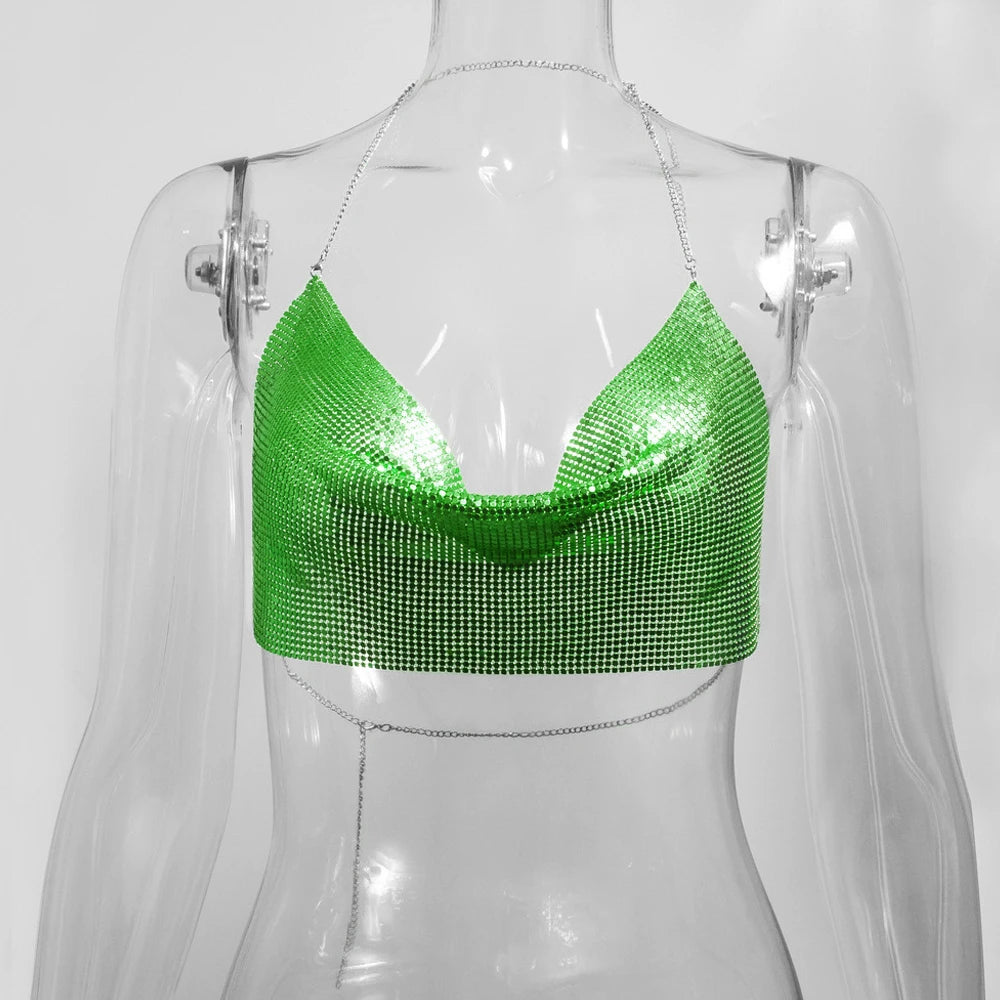 Women's Metallic Chain Mesh Halter Crop Top with Draped Neckline