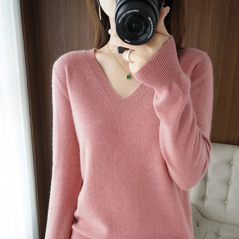 Women's V Neck Long Sleeve Sweater Casual Knit Layer