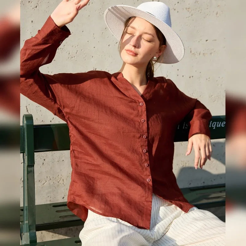 Women's Ramie Long-Sleeve V-Neck Button-Up Shirt with Loose Fit for Casual Outfits