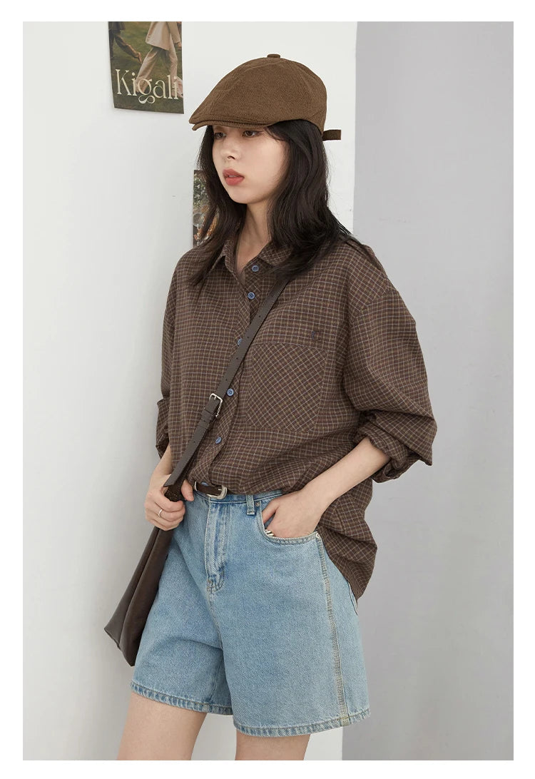 Women's Checked Long Sleeve Shirt with Plain Colour Options