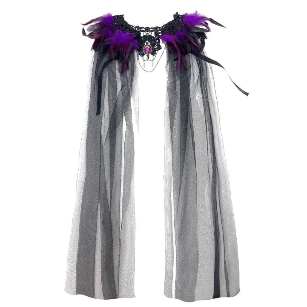 Feather Collar Sheer Long Cape for Layering over Outfits