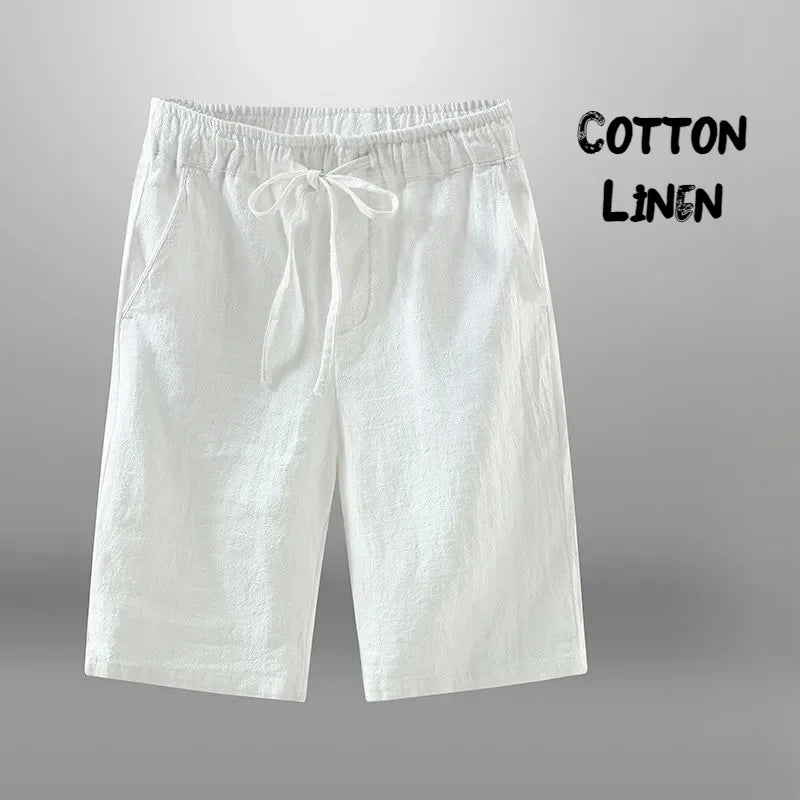 Men’s Cotton-Linen Knee-Length Drawstring Shorts with Pockets and Regular Fit