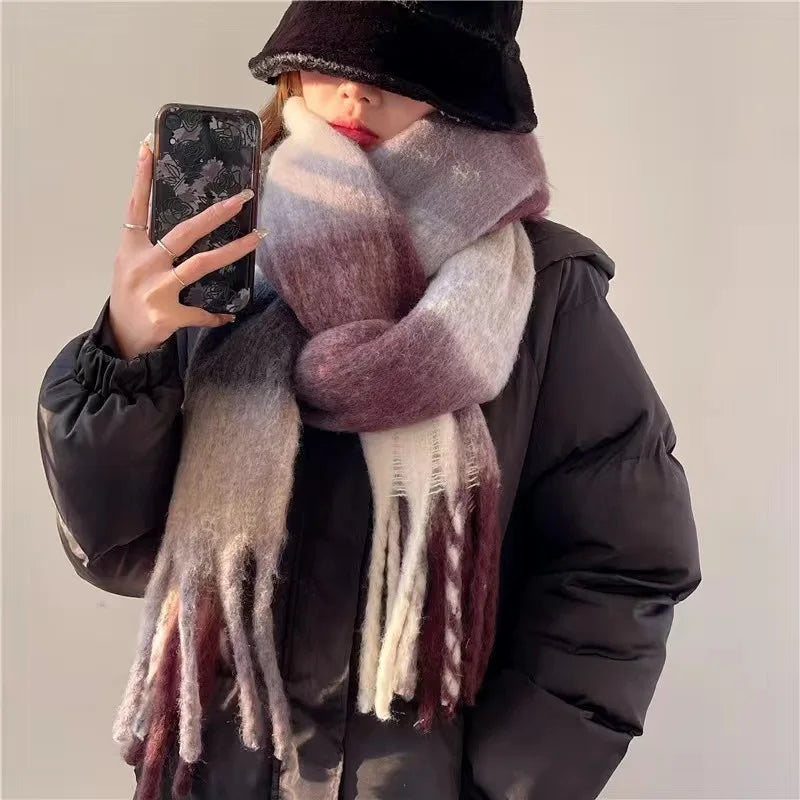 Multicolor Plaid Scarf with Long Shape and Fringed Ends