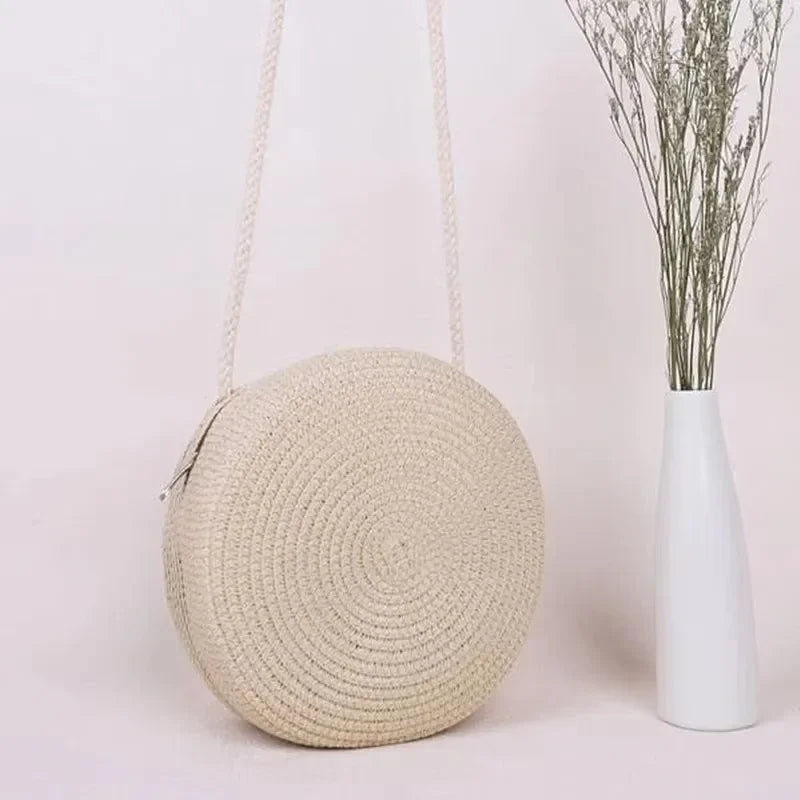Round Woven-Look Crossbody Shoulder Bag with Zipper for Everyday Outfits