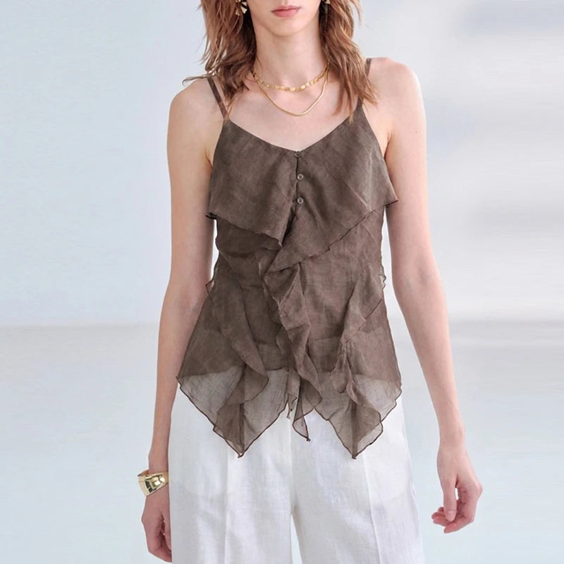Women's Ramie Sleeveless Camisole Top with Asymmetric Hem and Decorative Front Buttons