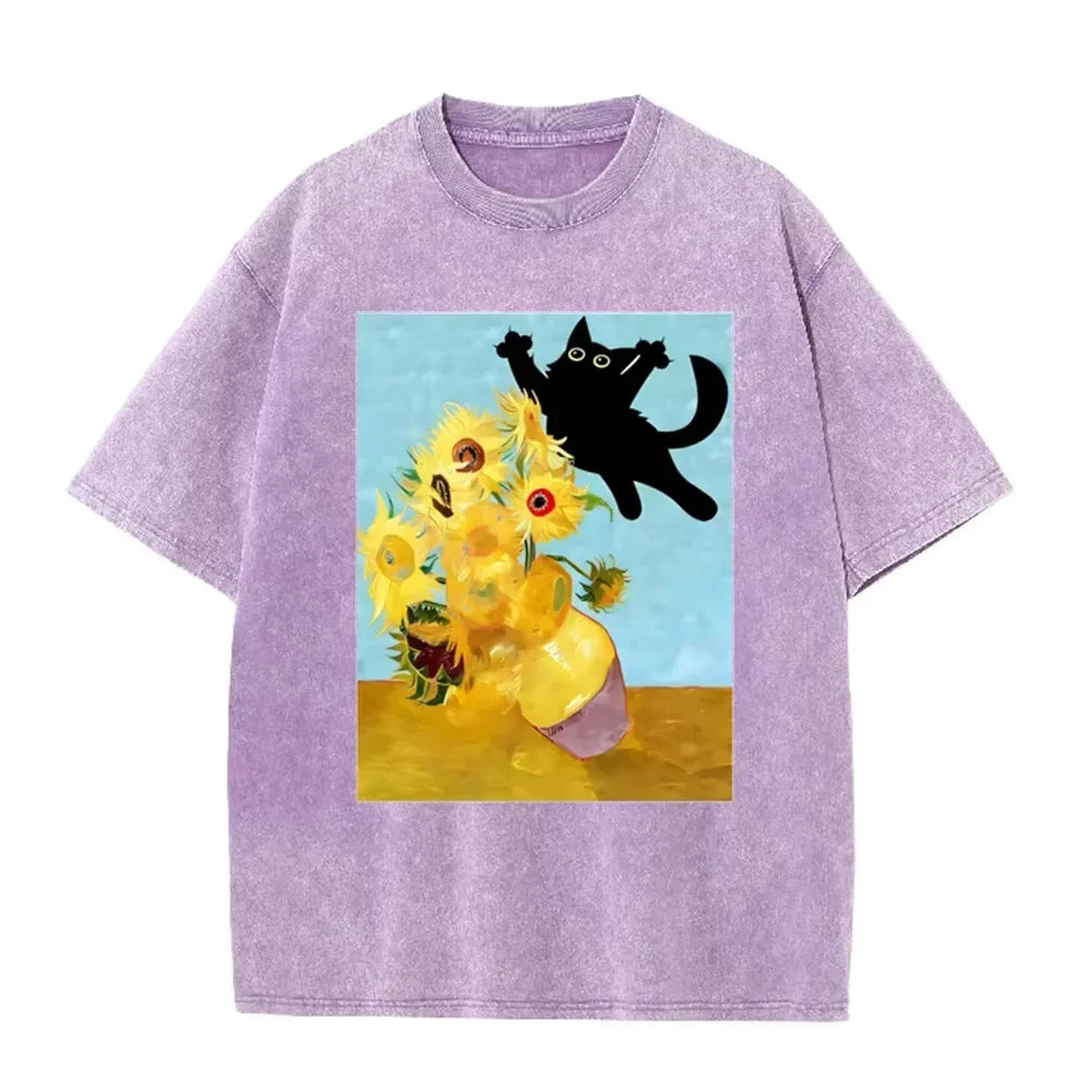 Van Gogh Sunflower Black Cat Parody Print Vintage Washed Purple Casual Art T Shirt