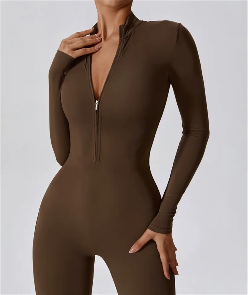 Women's Long Sleeve Nylon Blend Workout Jumpsuit with Half Zip Collar