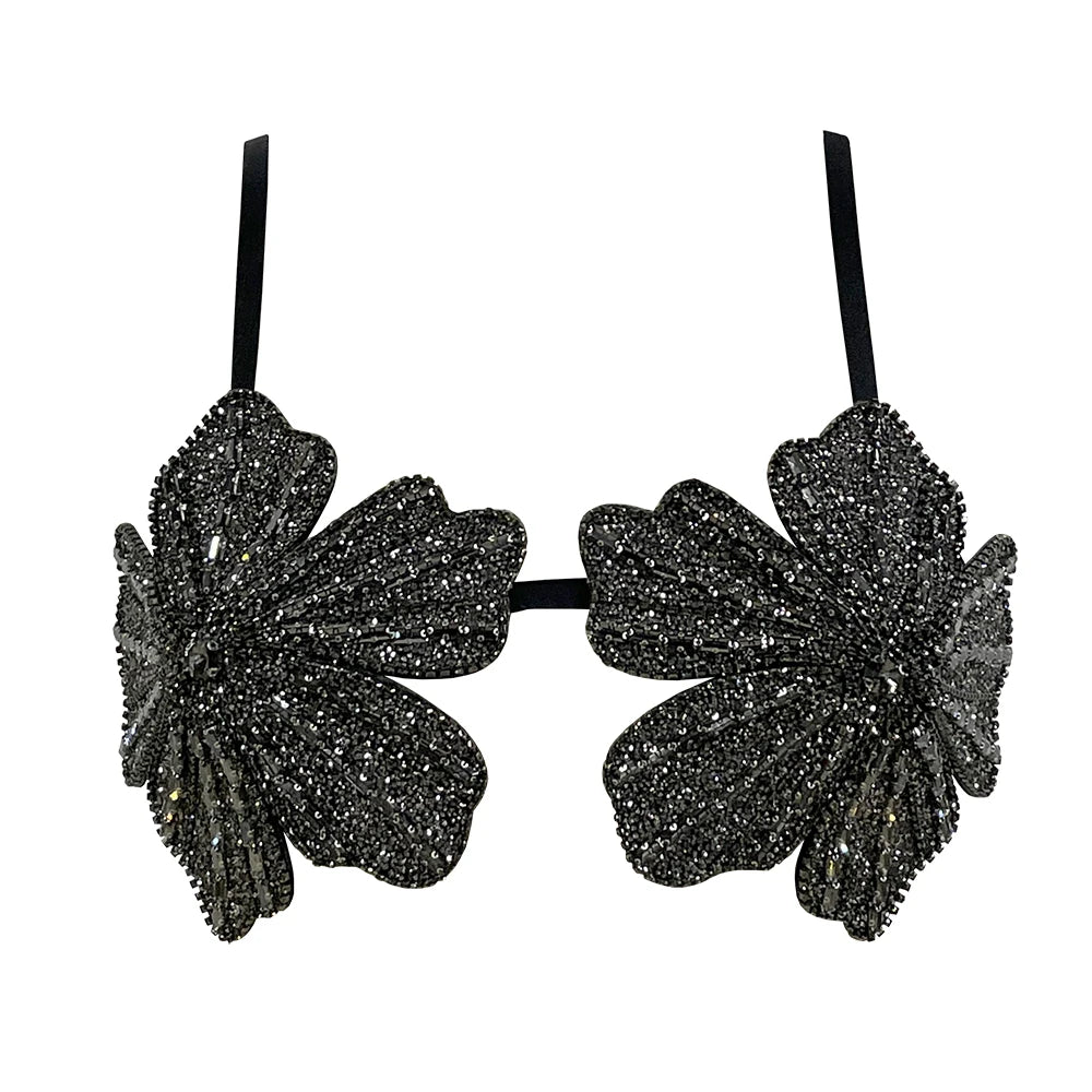 Women's Floral Embellished Bra Top with Decorative Beading and an Open Design