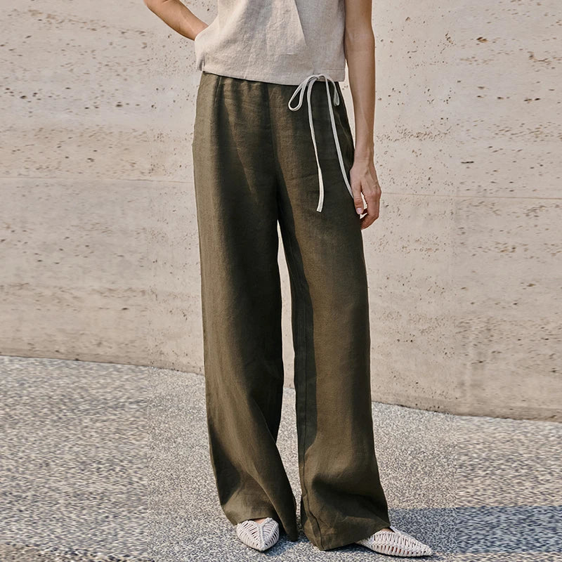 Women's Linen Loose Straight-Leg Pants with Drawstring Waist for Casual Daily Wear