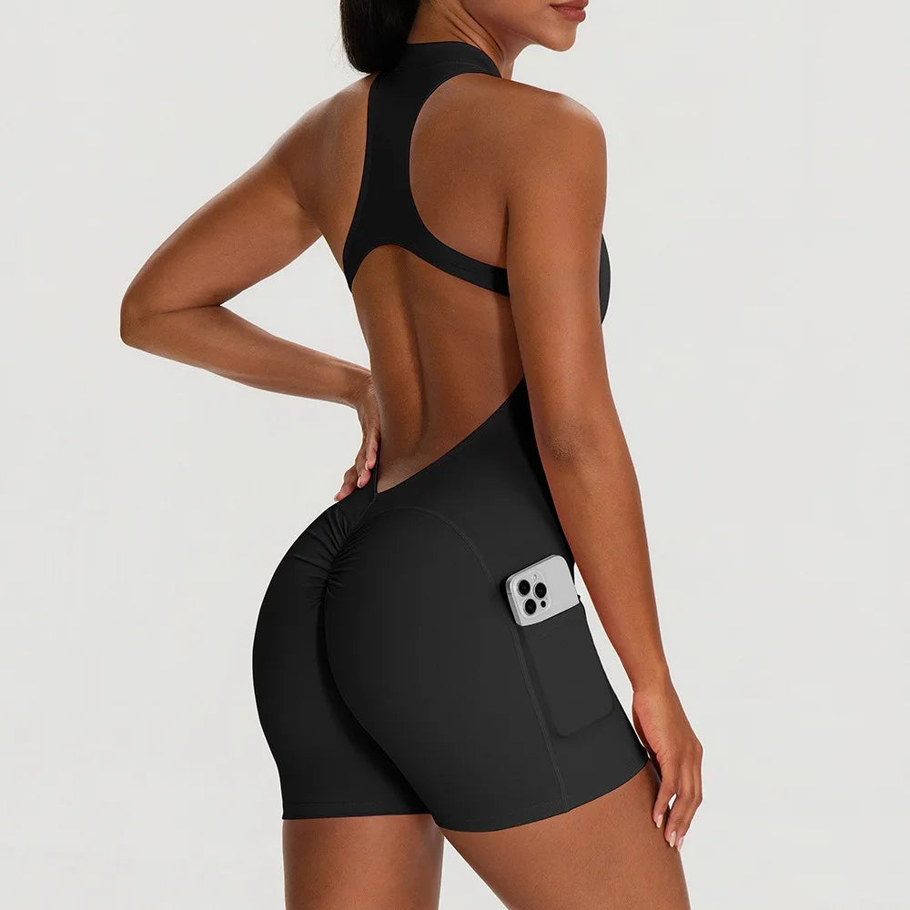 Women's Halter Neck Nylon Blend Workout Romper with Front Zip