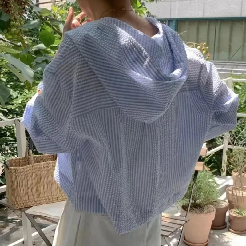 Women's Striped Hooded Cropped Button Front Shirt