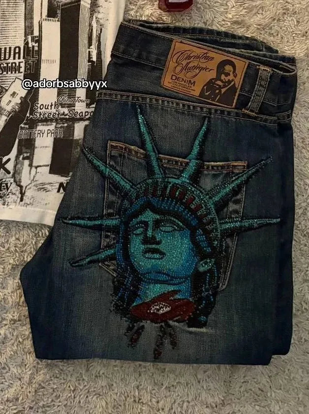 Women's Statue Graphic Straight Leg Denim Jeans For Everyday Outfits