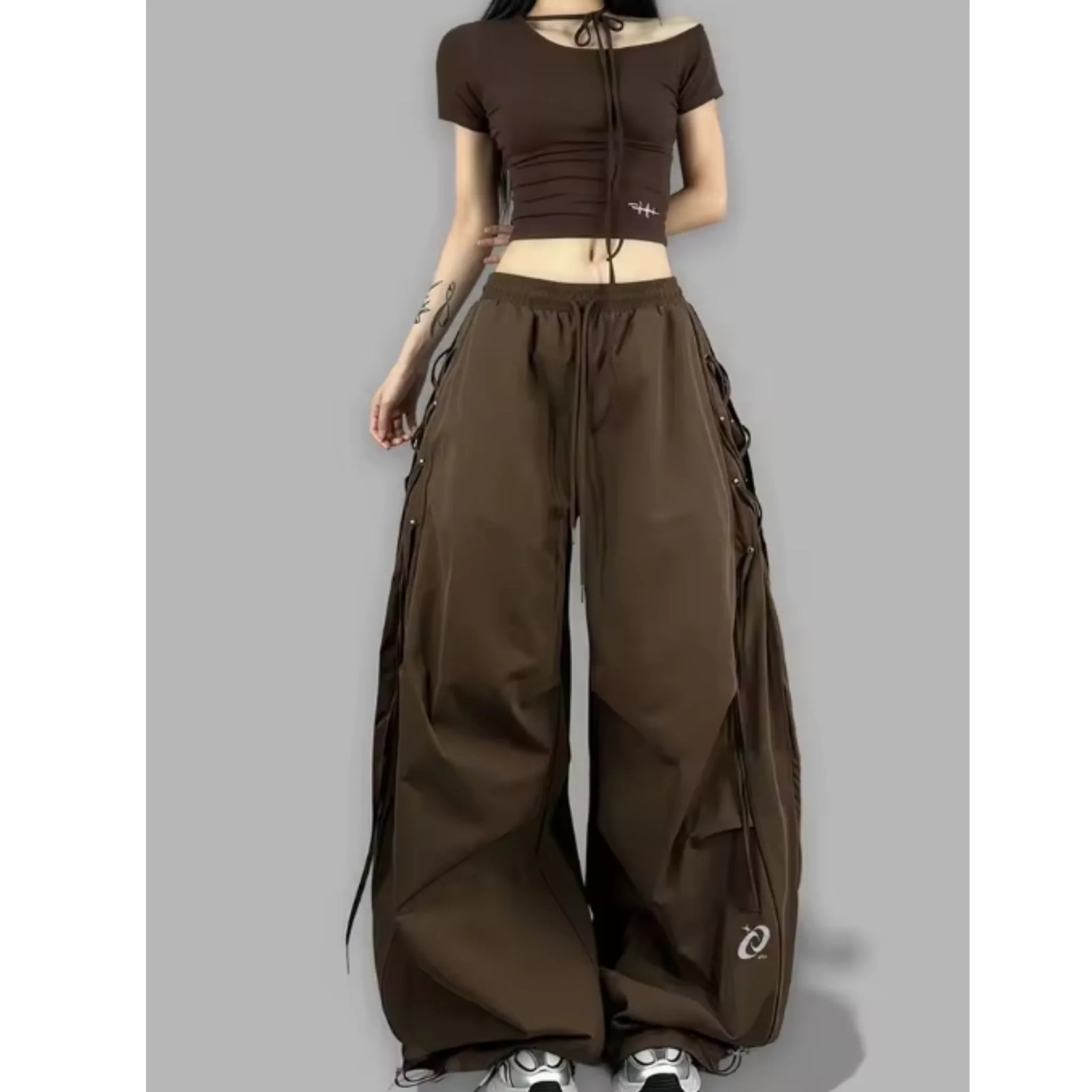 Women's Wide Leg Cargo Pants with Hanging Side Strap Details