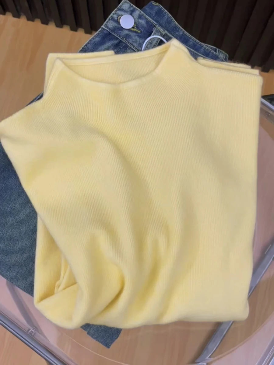 Women's Plain Mock Neck Knit Sweater Casual Knit Layer