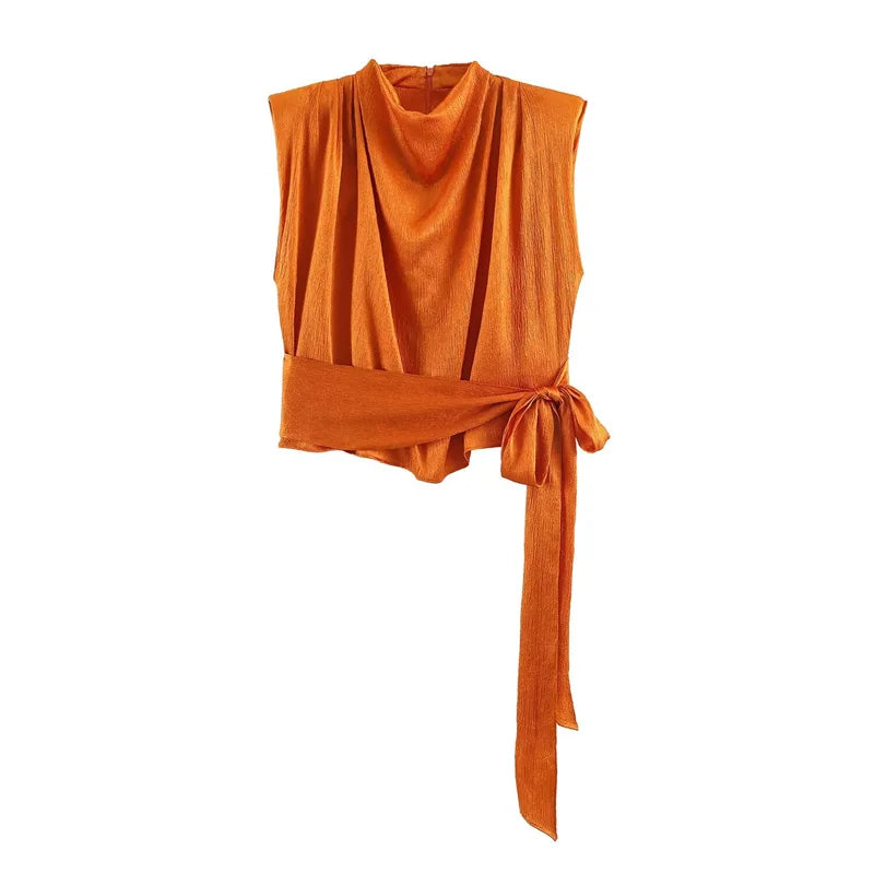 Women's Sleeveless Blouse with a Draped Neckline and Long Ribbon Ties