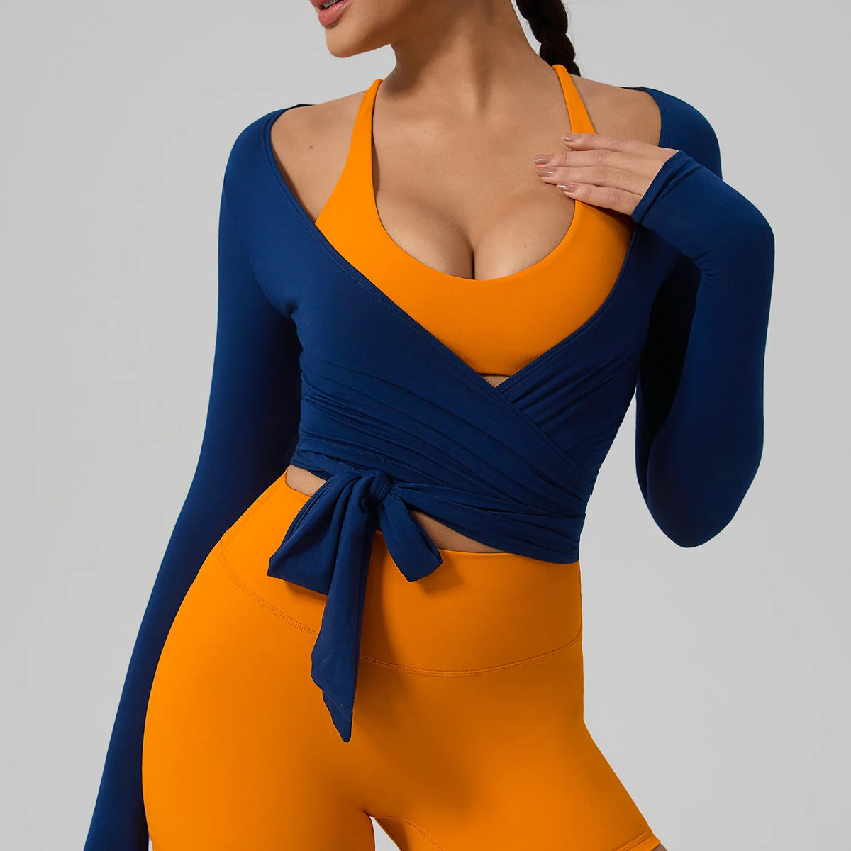 Women's Wrap Tie Front Long Sleeve Crop Top