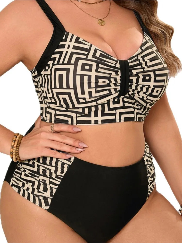 Women's Geometric Print Crop Top and High Waist Bikini Set