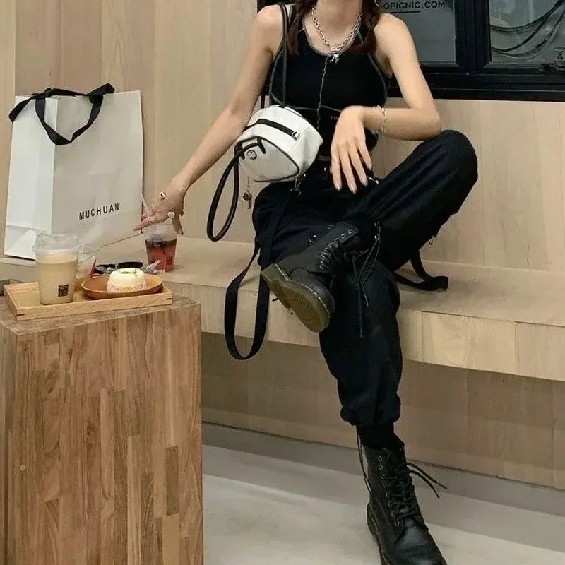 Women's Cargo Joggers with Hanging Straps and Elastic Ankle Cuffs