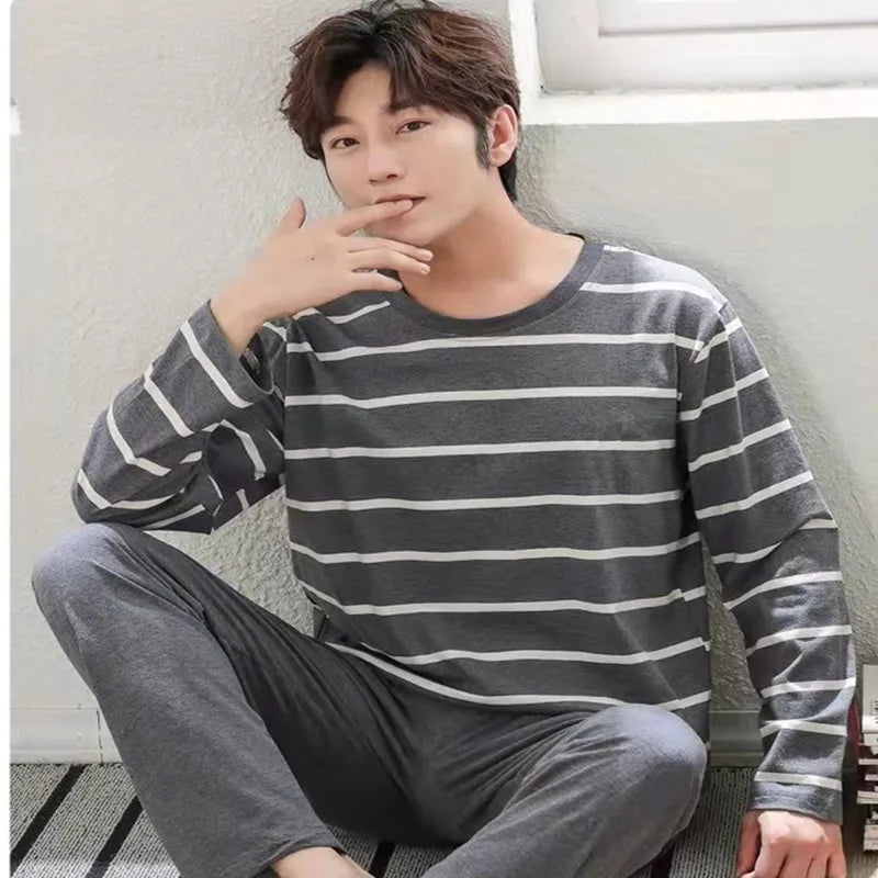 Men's Striped Long Sleeve Crew Neck Top and Pants Pajama Set