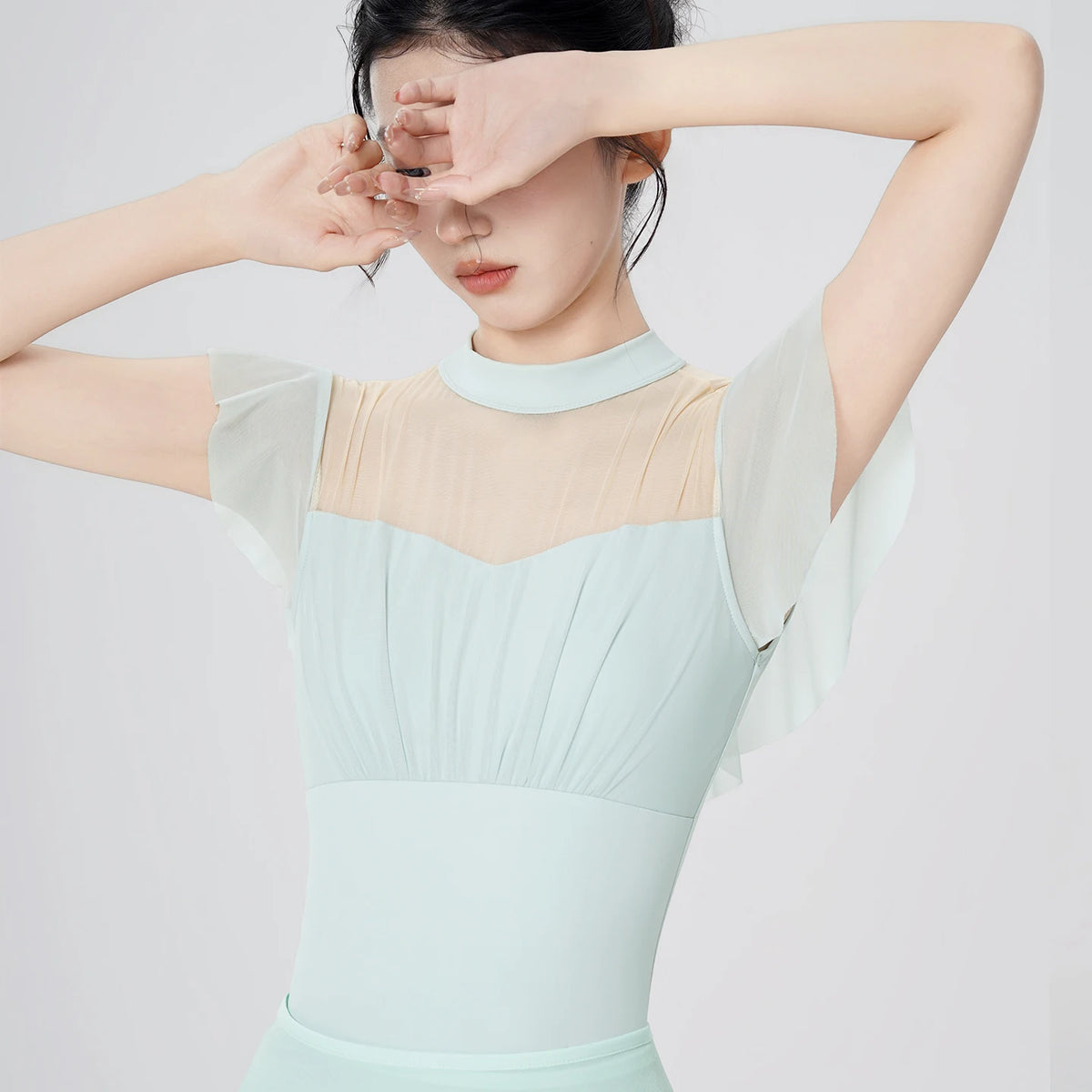 Women's Short Sleeve Ballet Leotard with Ruffled Mesh and Open Back
