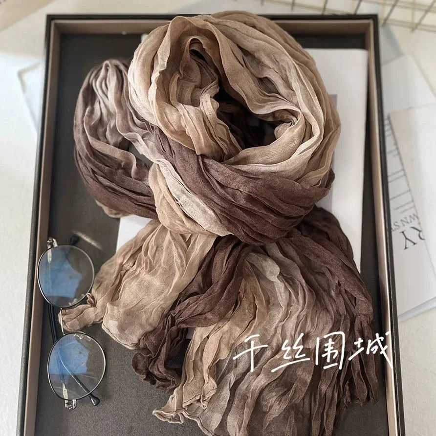 Gradient Crinkled Long Scarf with Rectangular Wrap Shape