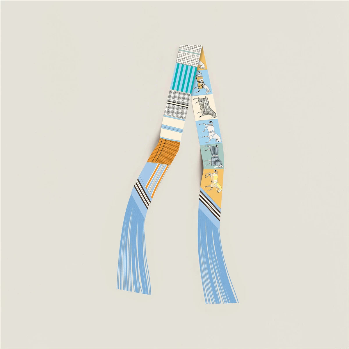 Printed Narrow Ribbon Scarf with Decorative Fringed Ends