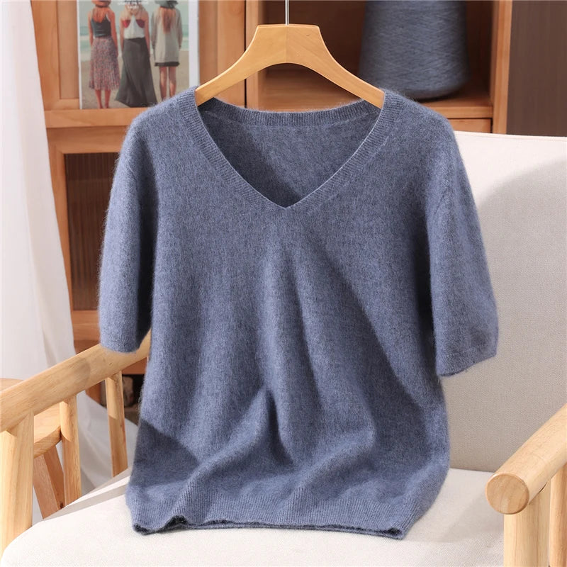 Women's V Neck Short Sleeve Sweater Casual Knit Layer
