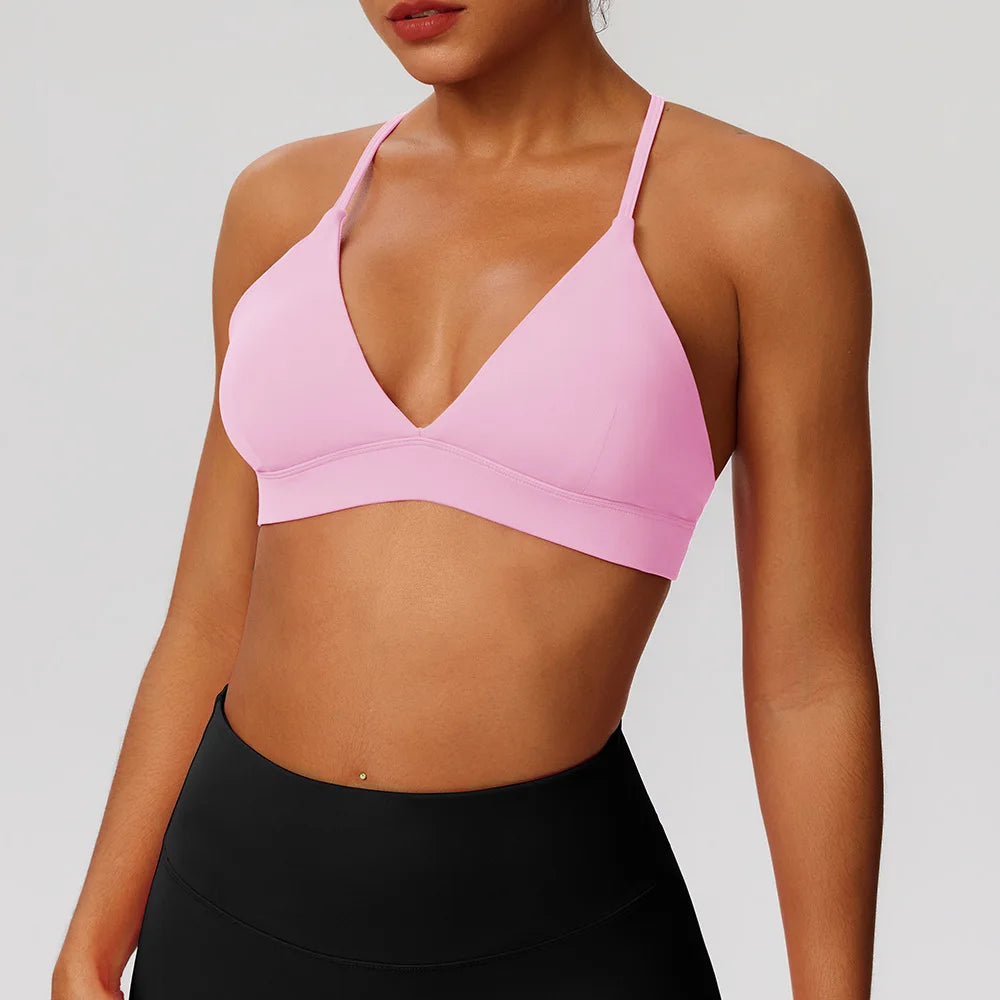 Women's V Neck Thin Strap Cross Back Sports Bra