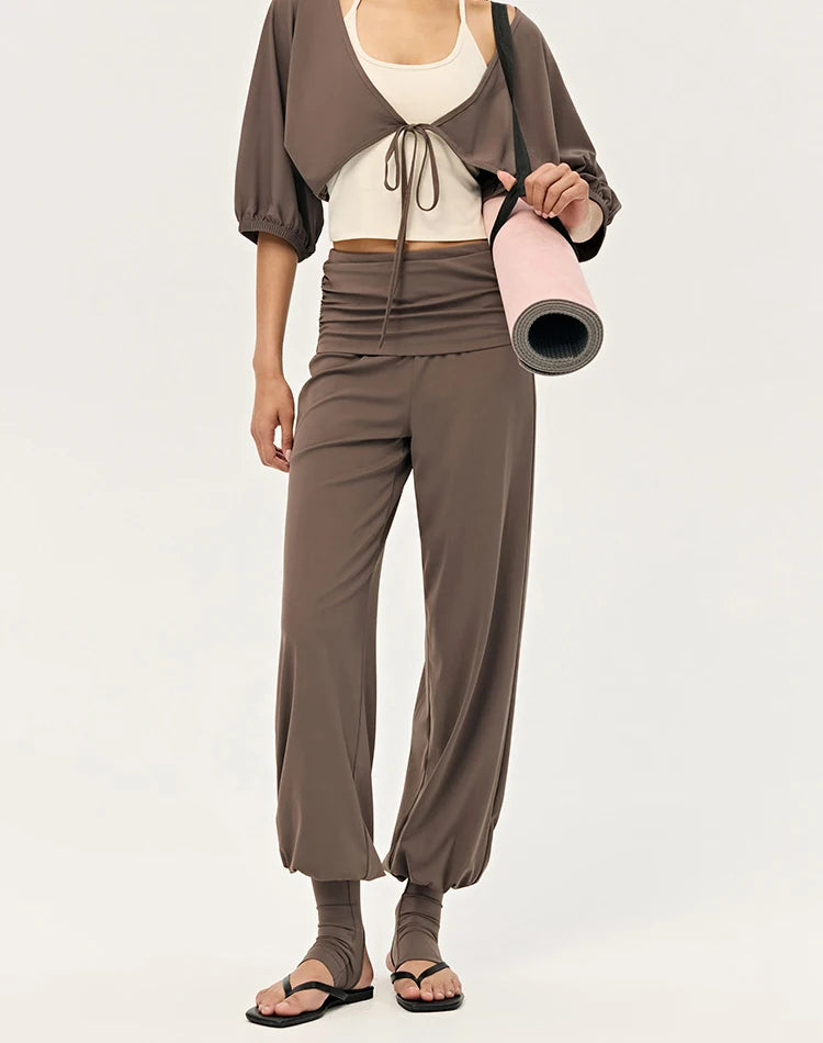 Women's Fold Over Waist Nylon Blend Harem Pants with Loose Legs