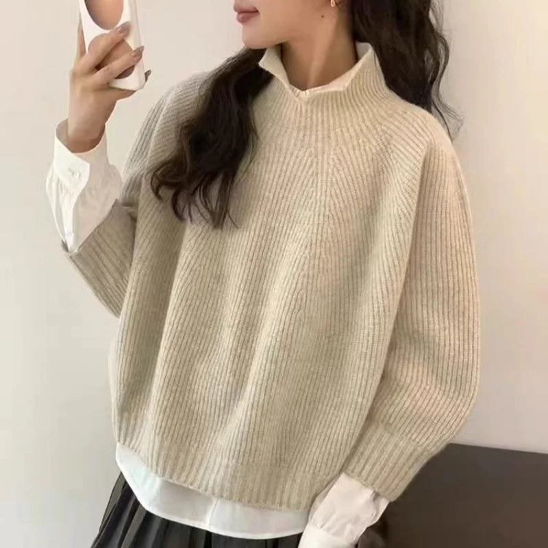 Half-open high-neck three-quarter sleeve cashmere sweater women loose cashmere sweater for autumn and winter thickened sweater