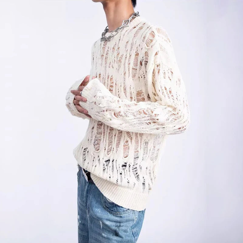 Men's Distressed Openwork Crew Neck Sweater