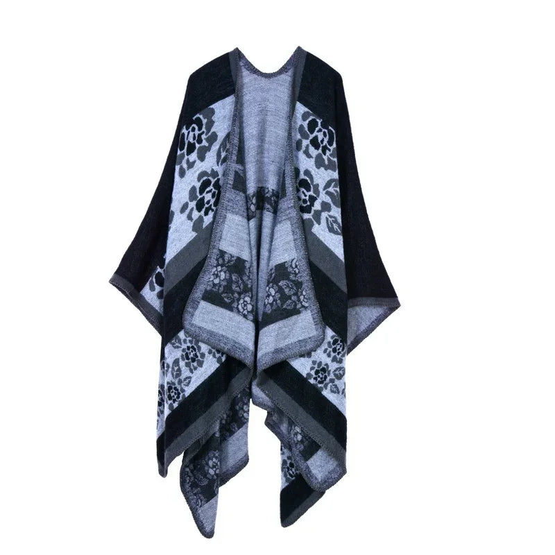 Patterned Fringed Open Front Poncho for Layering over Outfits