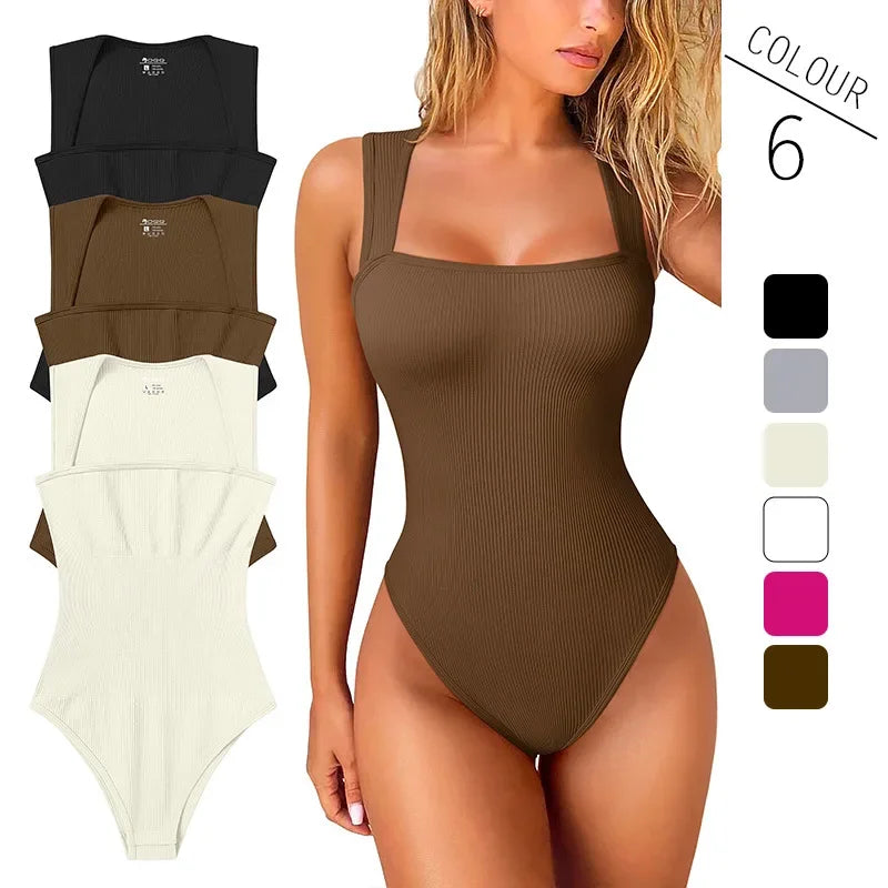 Women's Square Neck Ribbed Nylon Blend Sleeveless Bodysuit for Layering