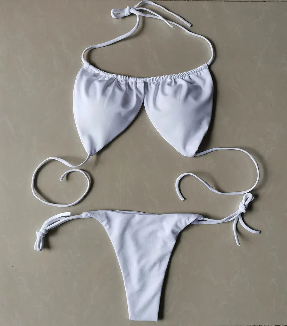 Women's Tie String Triangle Bikini Top and Thong Set