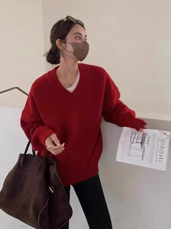 V-neck 100 pure wool sweater for women in autumn and winter, loose and thick sweater, long-sleeved knitted top