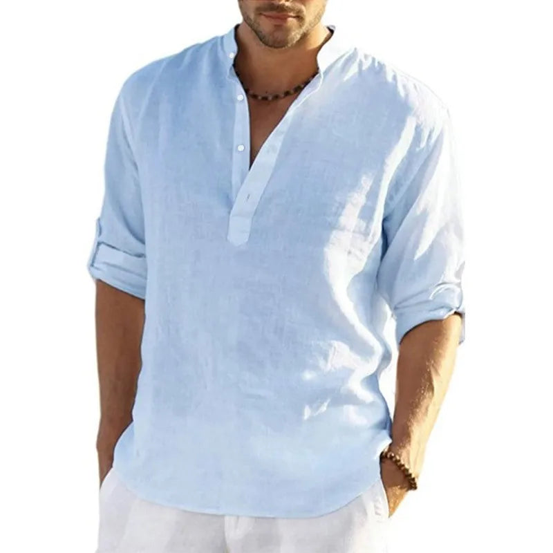 Men's Stand-Collar Long-Sleeve Pullover Shirt with Short Button Placket for Casual Outfits