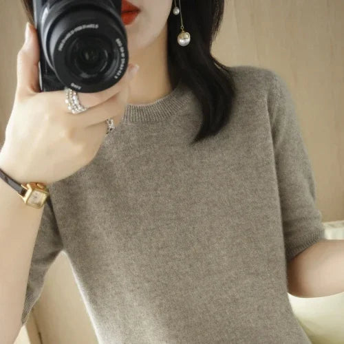 Women's Crew Neck Short Sleeve Sweater Casual Knit Layer