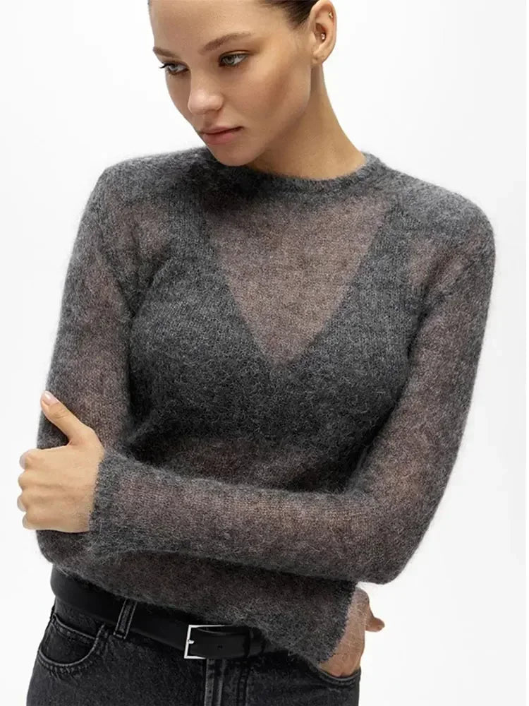 Women's Sheer Crew Neck Long Sleeve Sweater Casual Knit Layer