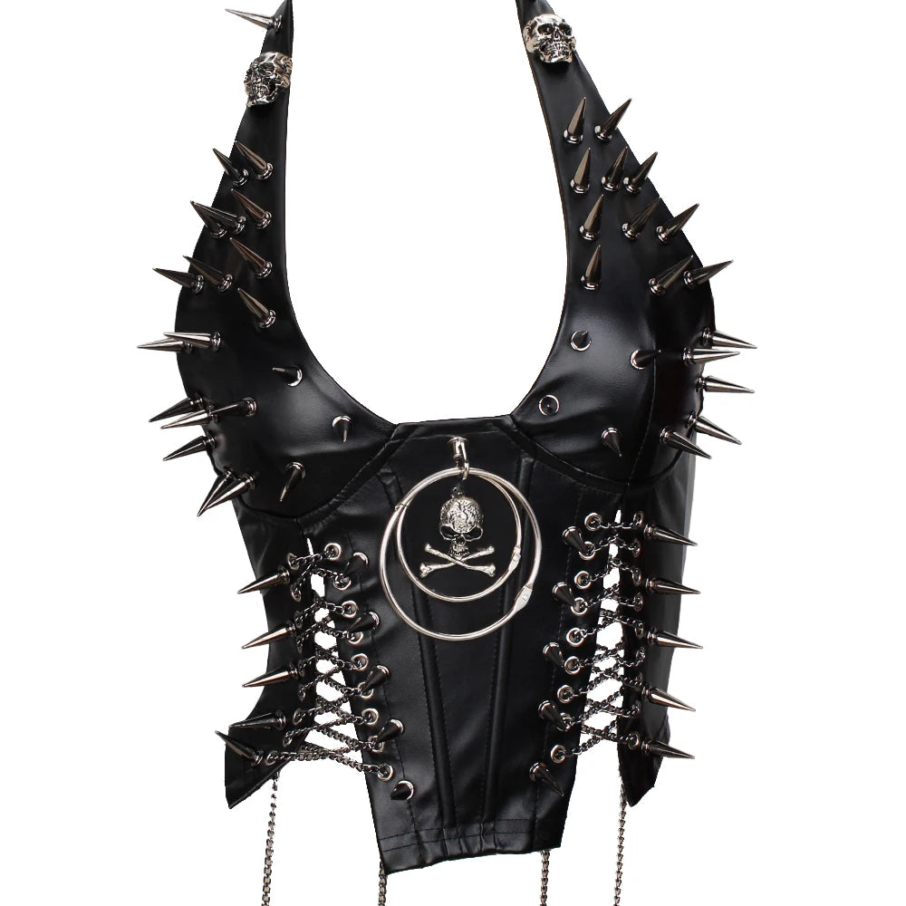 Women's Studded Crop Top with Decorative Spikes and Lace-Up Side Detailing