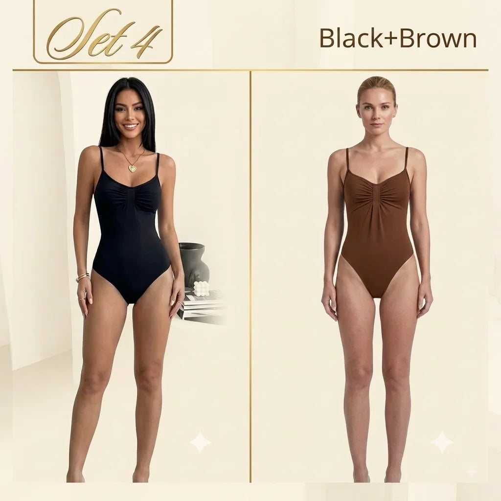 Women's Ruched Polyester Blend Bodysuit with Thin Straps and Shaped Bust