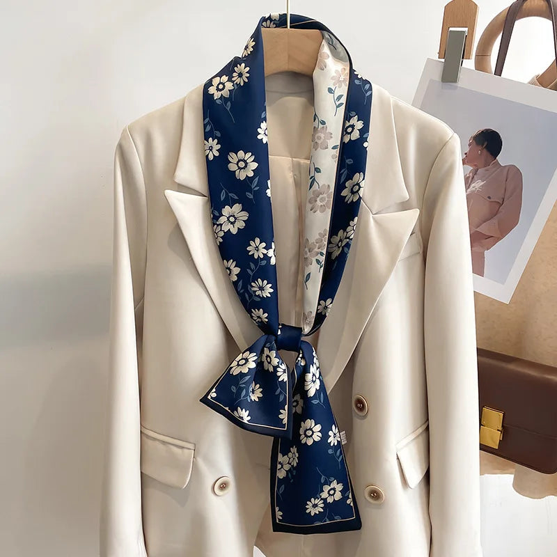 Printed Long Narrow Scarf with Decorative Ribbon Shape