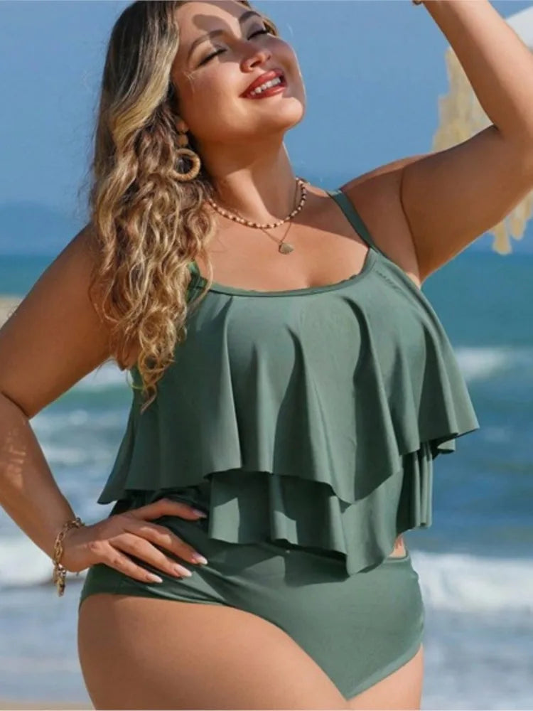 Women's Ruffle Overlay Strappy Swimwear with Side Cutout Detail