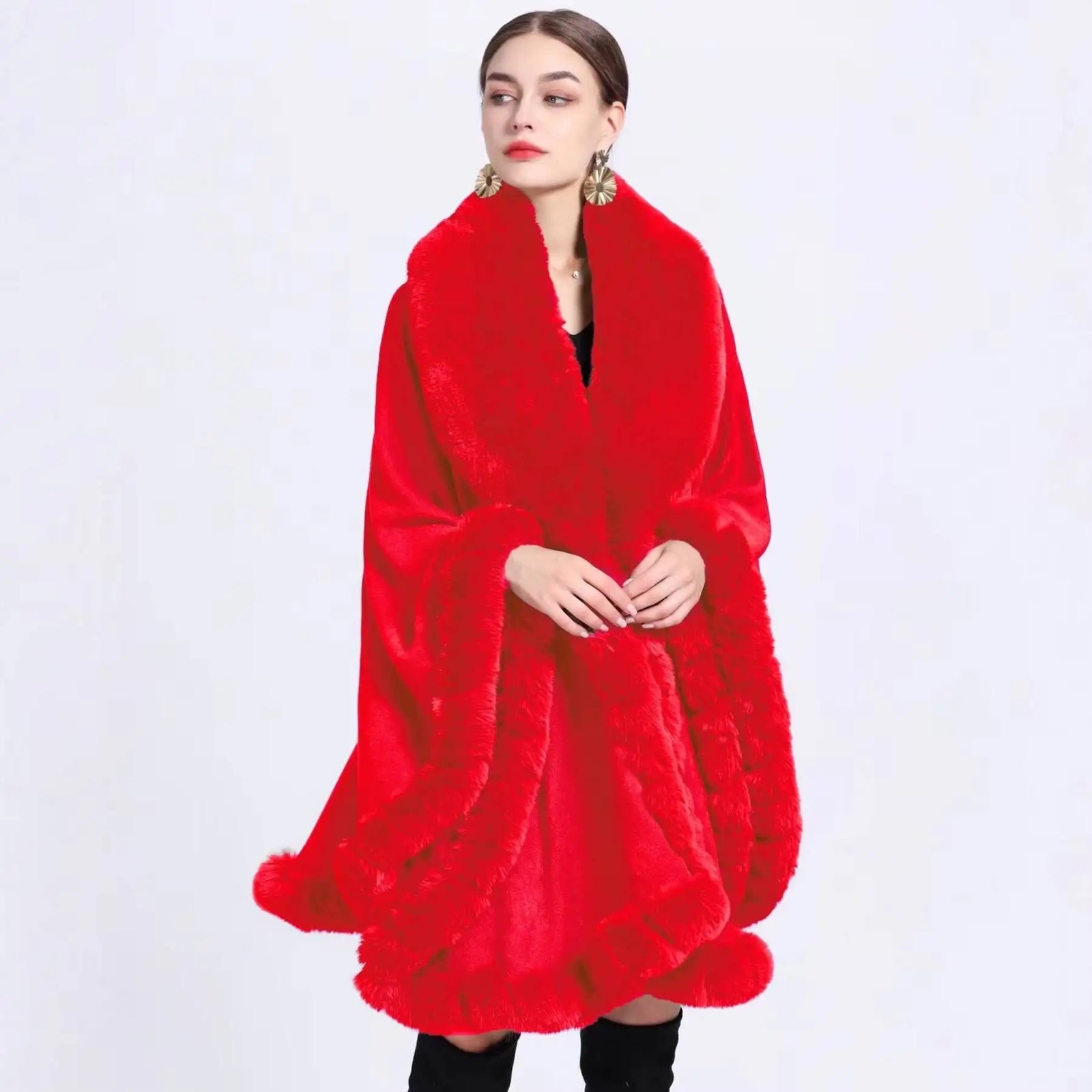 Plush Trim Open Front Cape for Layering over Outfits