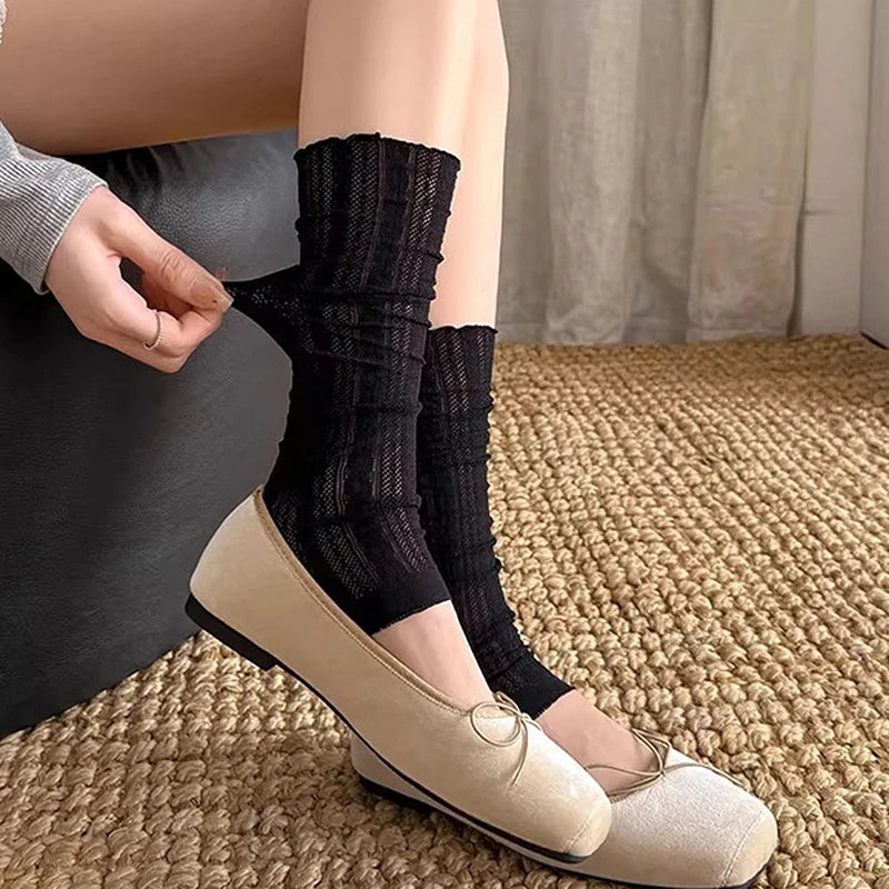 Sheer Ribbed Leg Warmers with Ruffled Cuffs and Stirrup Openings