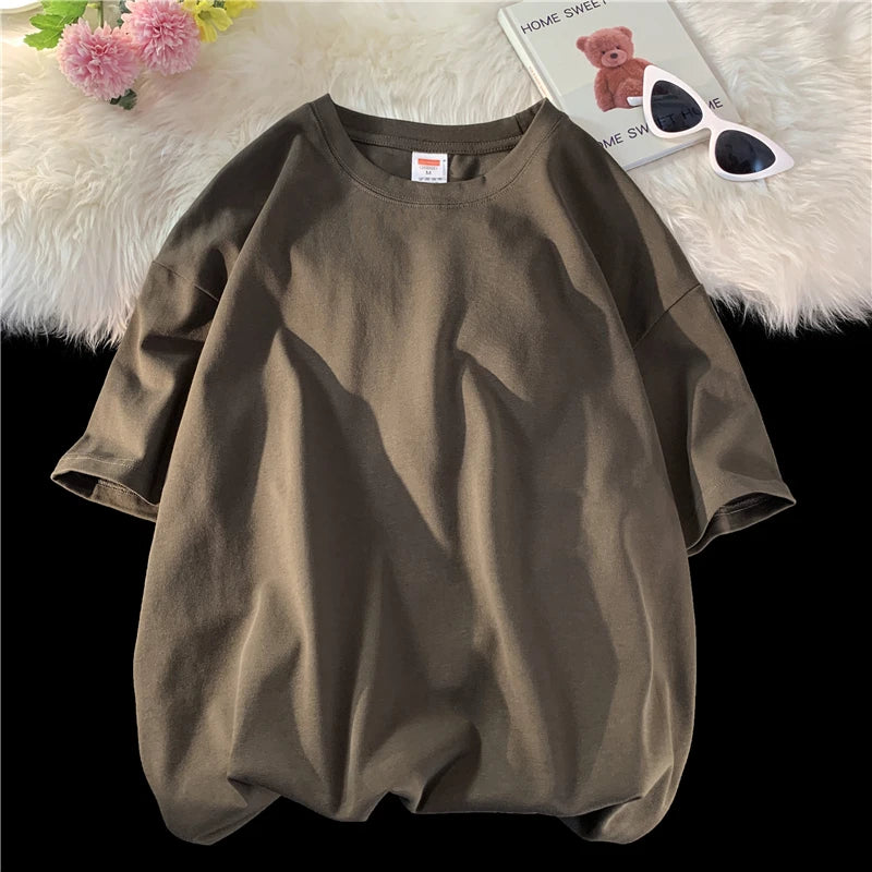 Solid Crew Neck Short Sleeve Loose Casual T Shirt