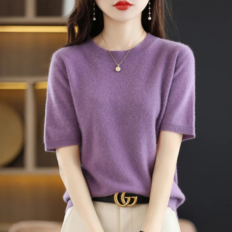 Women's Crew Neck Short Sleeve Sweater Casual Knit Layer