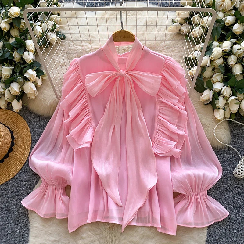 Women's Bow Neck Ruffled Long Sleeve Blouse