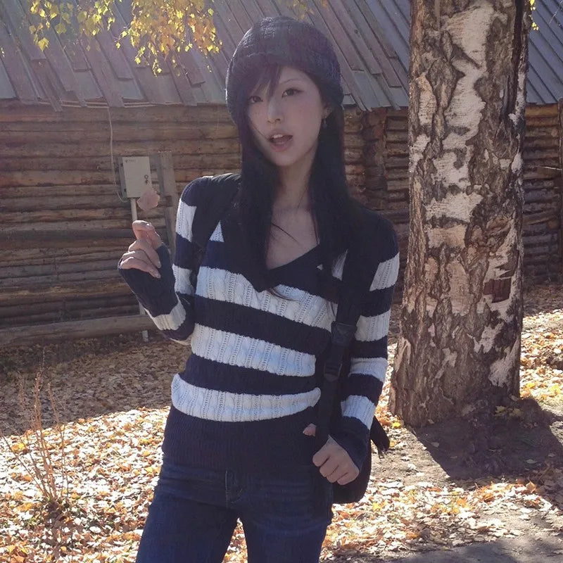 Women's Striped V Neck Long Sleeve Sweater Casual Knit Layer