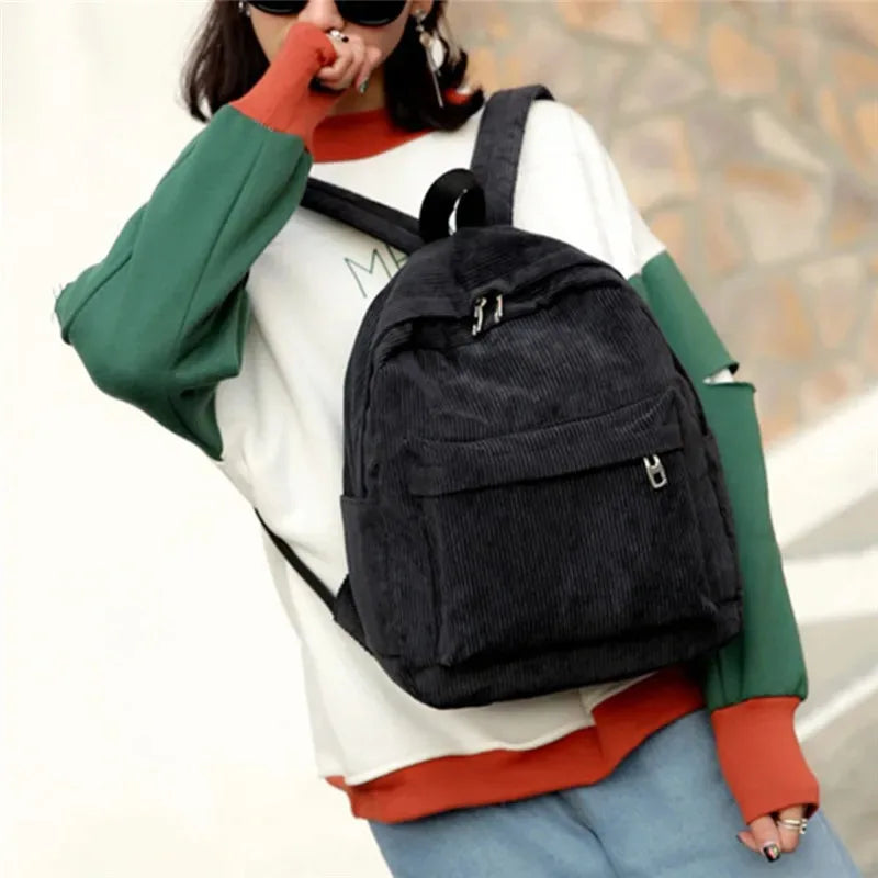 Corduroy Backpack with Front Zipper Pocket and Twin Shoulder Straps